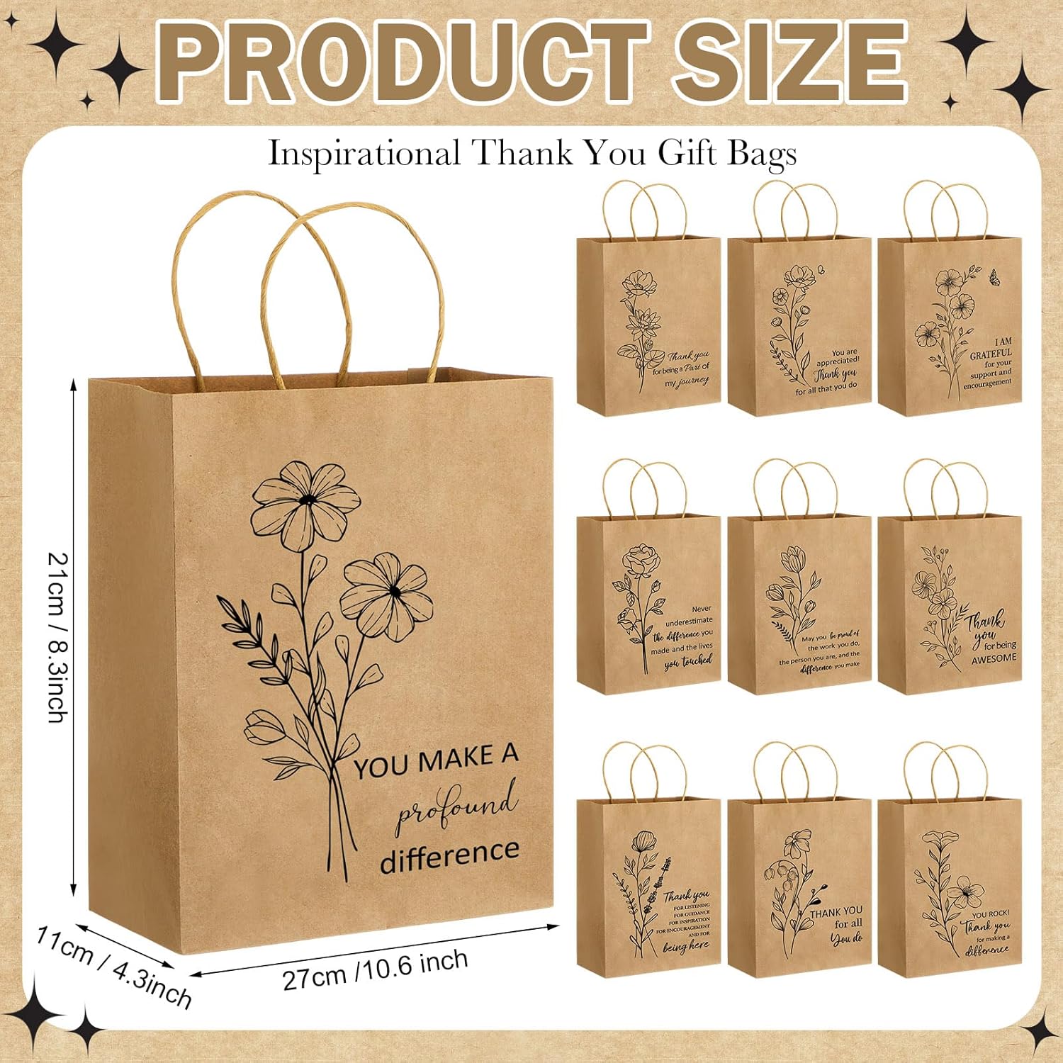 Kolldenn 50 Pack Thank You Gift Bags Bulk, Kraft Paper Bags with Handles for Employee Appreciation, Nurse Week, Teacher Appreciation, Administrative Professionals Day(Brown)