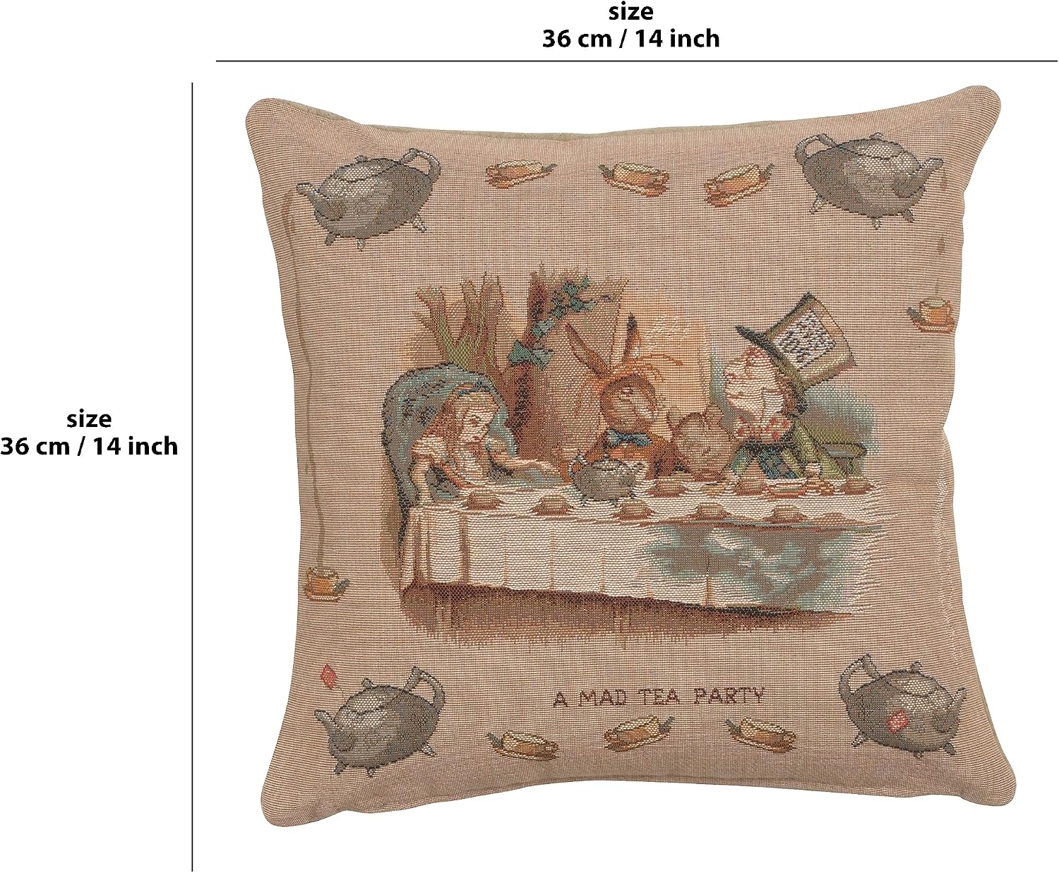 C Charlotte Home Furnishings Inc The Tea Party Alice in Wonderland I French Tapestry Cushion - 14 in. x 14 in. Cotton/Polyester/Viscose by John Tenniel