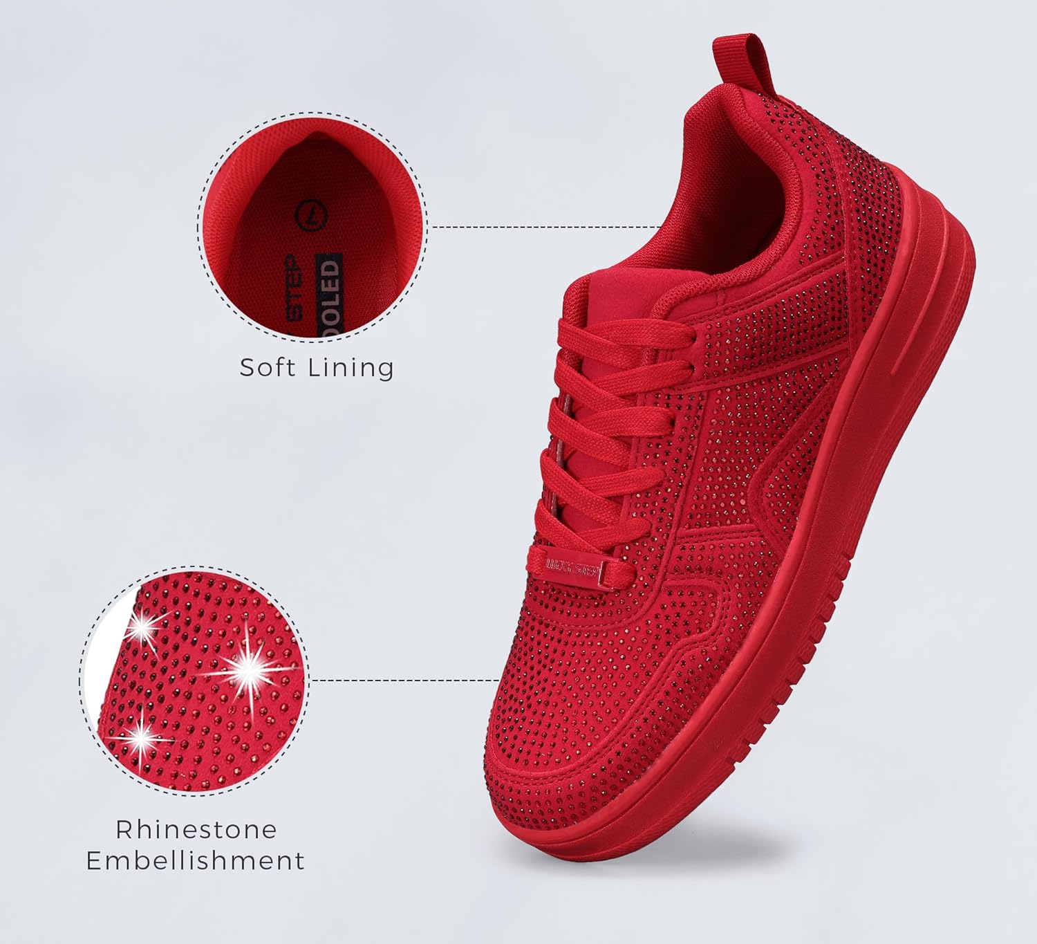 LUCKY STEP Women Fashion Sparkle Rhinestone Sneakers White Leather Low Top Tennis Shoes Lace Up Casual Comfortable Walking Shoe - Image 3