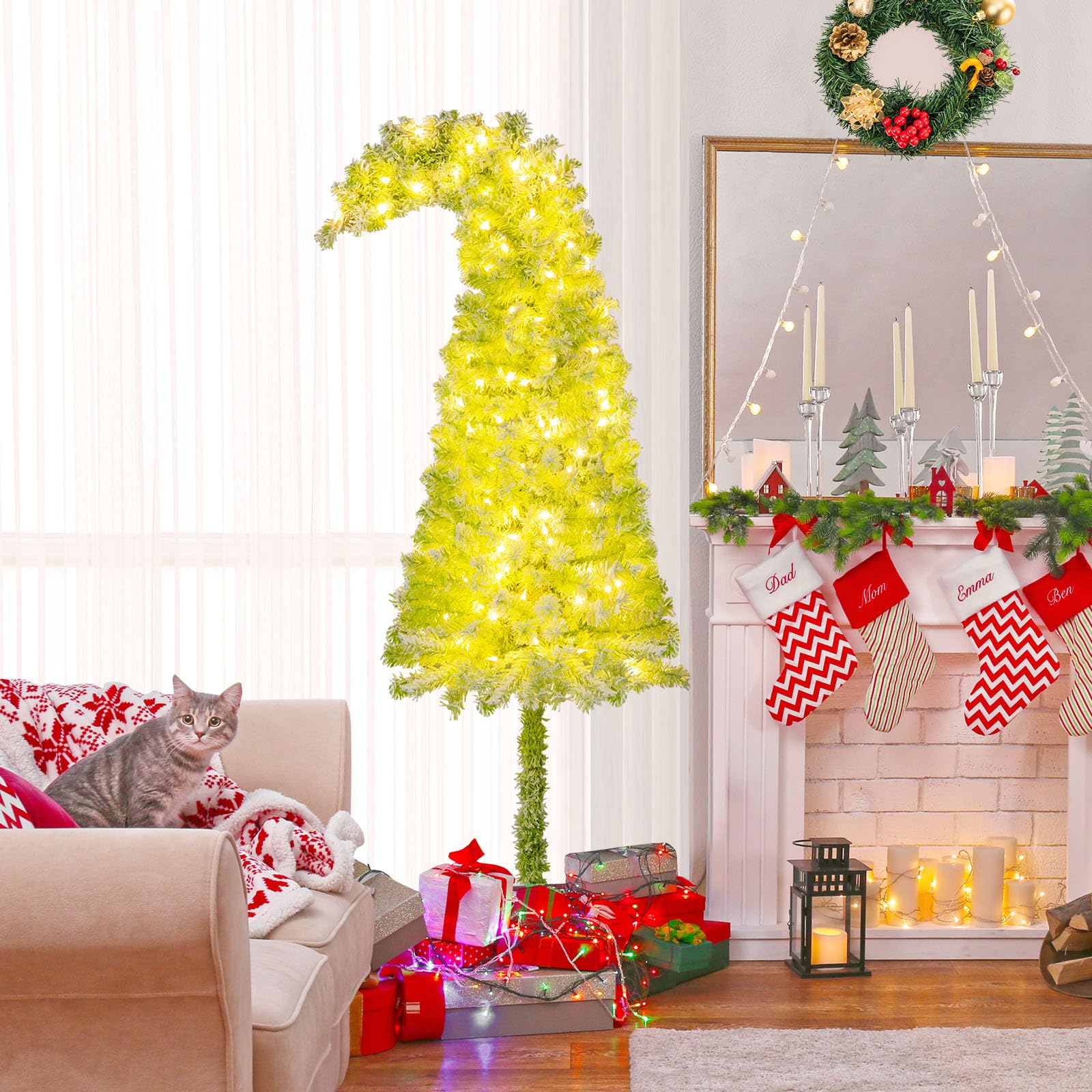 COSTWAY Árbol de Navidad Nevado con Luces 180cm, Cima Flexible, Arbol de Navidad Estrecho con Luces Incorporadas, 8 Modos con 120 LED Blancas Cálidas, 290 Puntas de Ramas (180 cm)