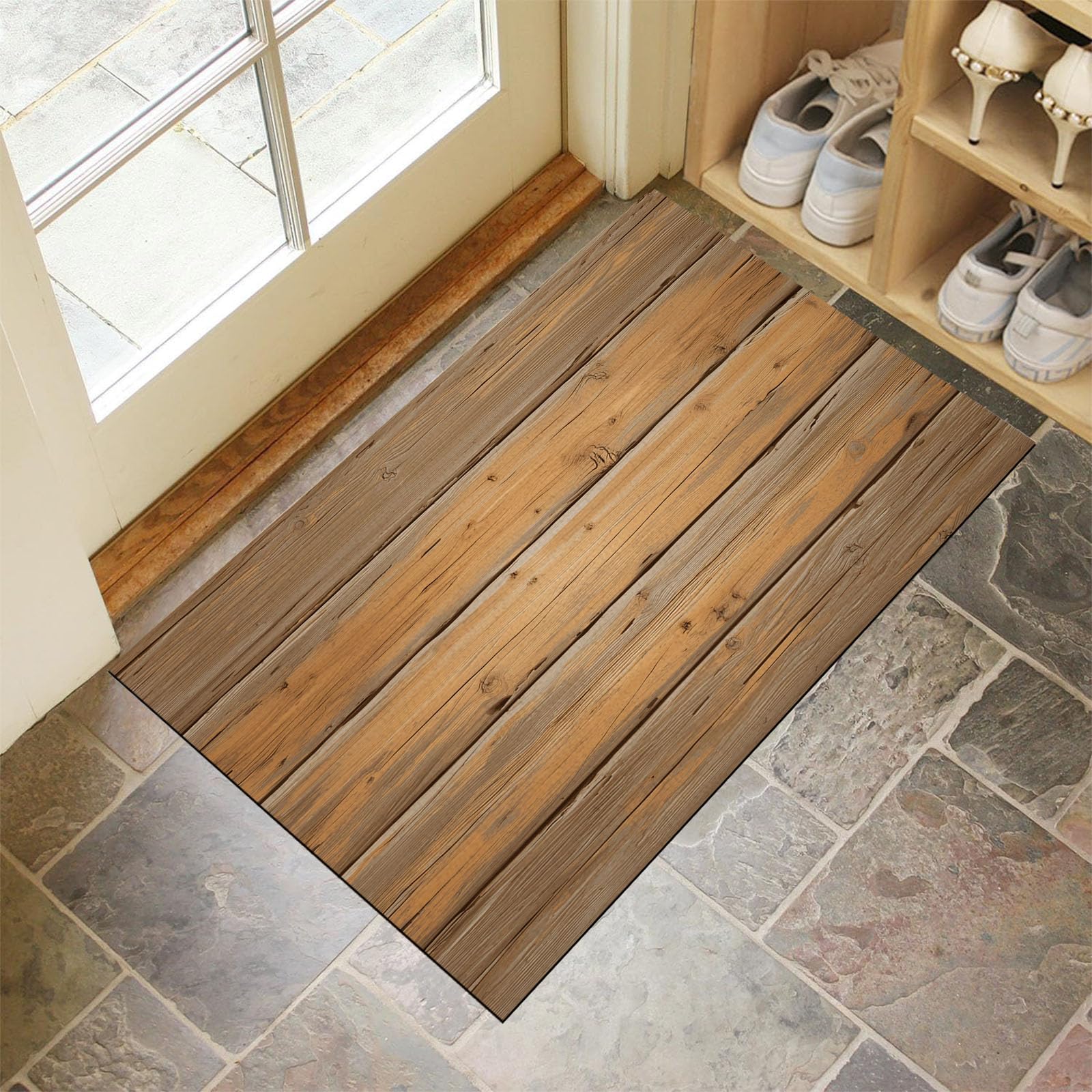 Tapis lavable effet vieilles planches de bois pour entrée et salle de bain