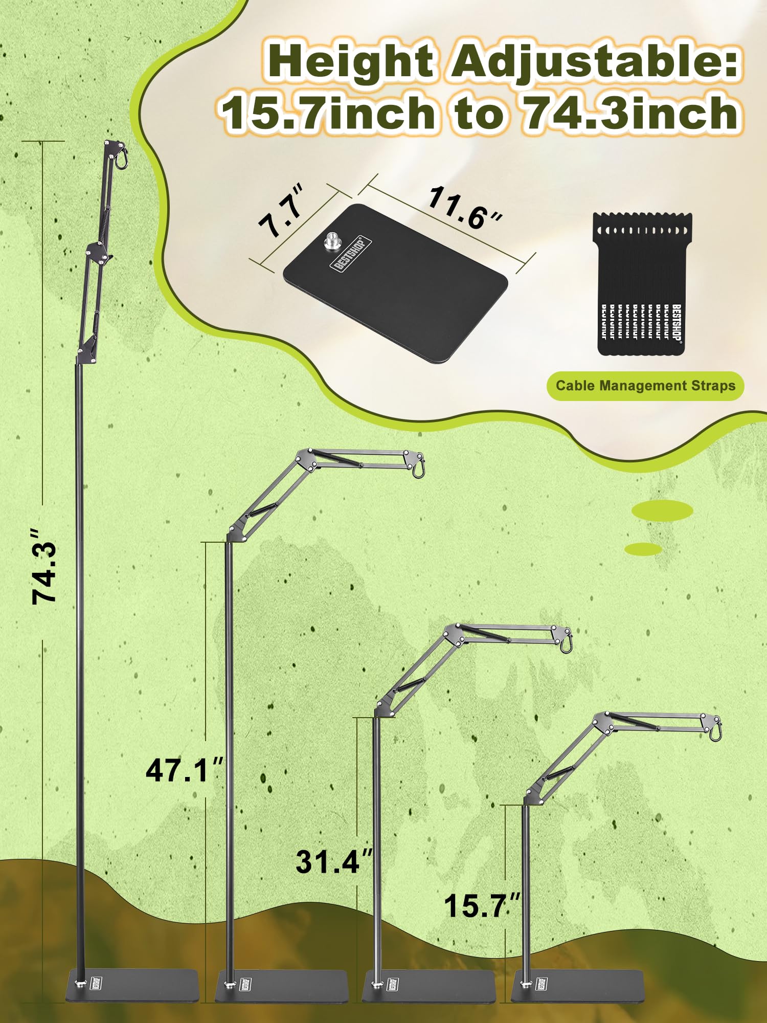 Supporto per lampada per rettili, supporto per lampada termica (da 15,7 a 188,7 cm) con braccio oscillante regolabile a 360° per terrario, supporto per lampada termica per draghi barbuti,