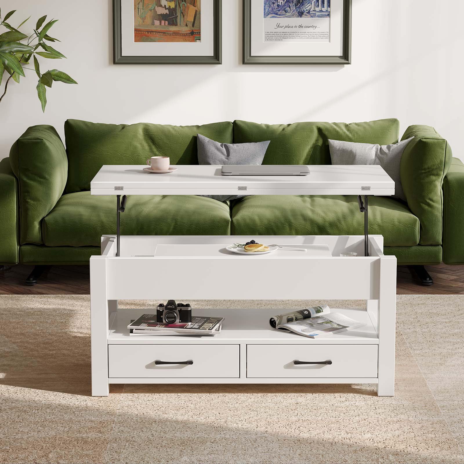 Rolanstar Table Basse Relevable et Extensible en Bois – avec Tiroir, Rangement Caché et Compartiment Ouvert – Convertible en Table à Manger – Idéale pour Petits Espaces – Blanc