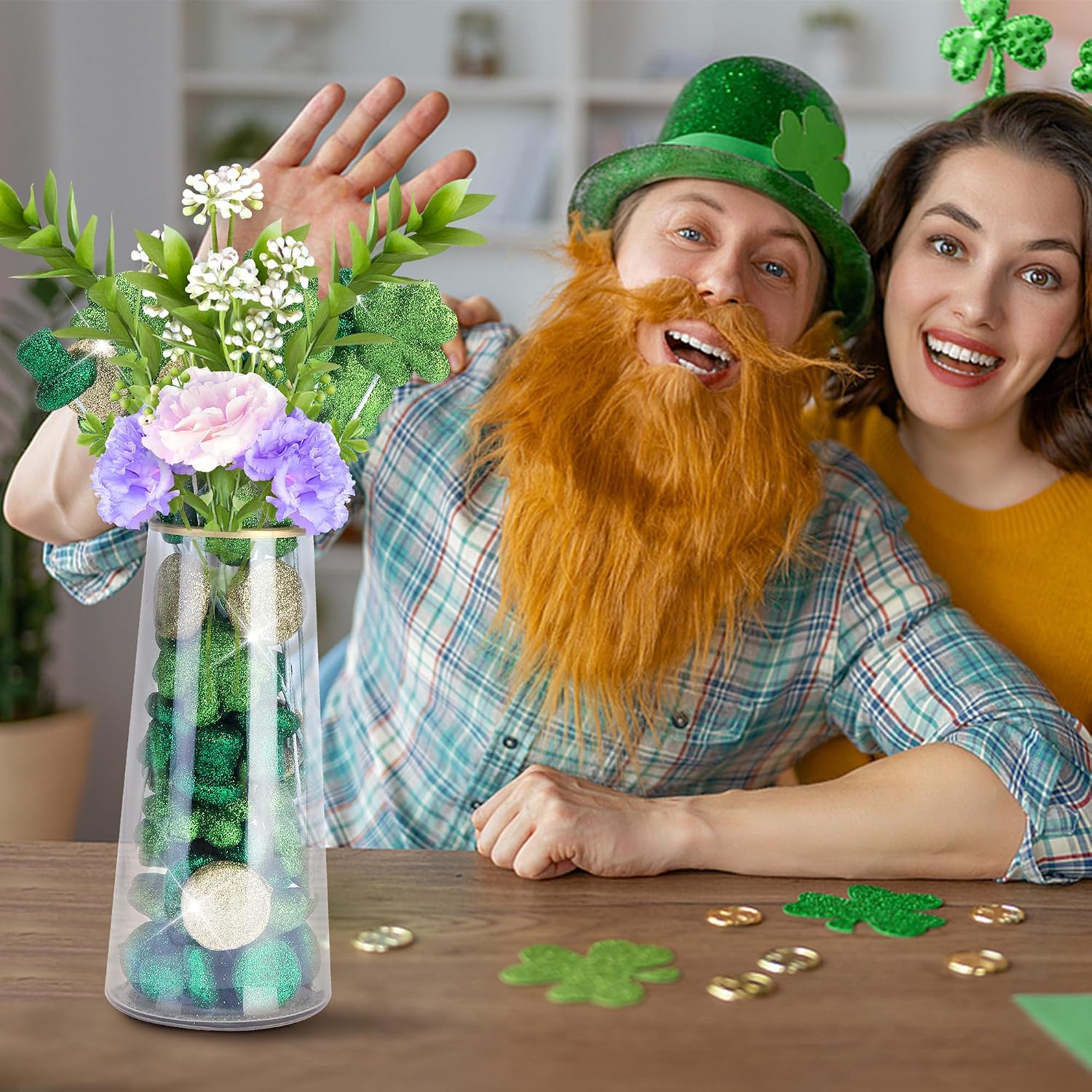 60 Glitter Foam St. Patrick's Day Vase Filler and 20 Sticks, Irish Glitter Green Shamrocks Ornament for Vase Filler, Top Hat Coins Lucky Shamrocks Foam Table Scatter for Centerpiece Party Home Decor