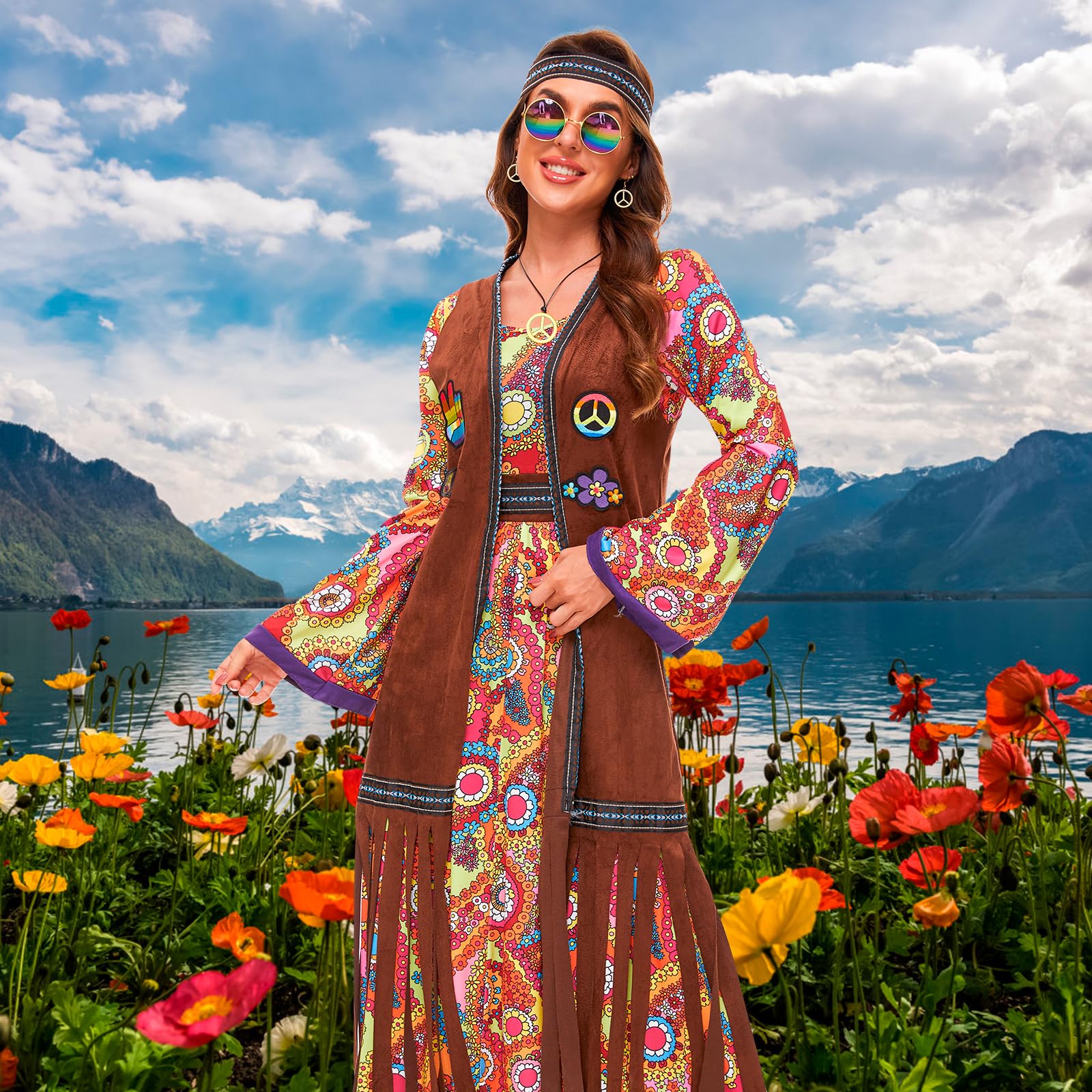 JONRRYIN Disfraz Hippie Mujer, Ropa De Los 70 Mujeres, 6 Piezas de Disfraz Hippie de los Años 60 para Mujer, Chaleco con Flecos, Pendientes, Diadema, Collar, Gafas de Sol