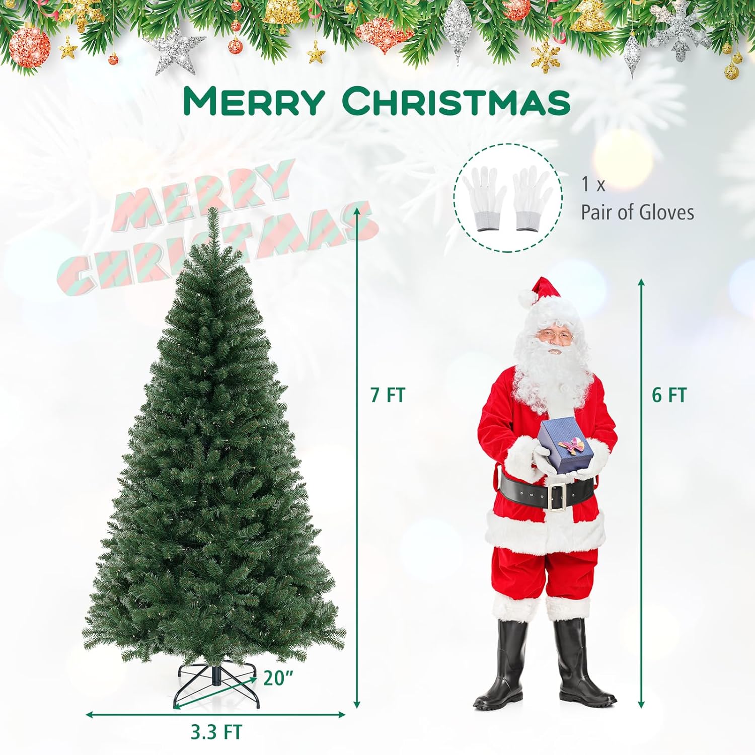 DORTALA 7FT Pre-Lit Christmas Tree Green, Hinged Artificial Xmas Tree with 250 Warm White LED Lights, 8 Lighting Modes, 830 Branch Tips and Metal Stand, for Home Office Party