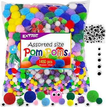 1200 Pcs Pom Poms, Multicolor Pom Poms, Bulk Pack, Assorted Sizes & Colors with 250 Googly Eyes, Glittery Fuzzy Balls for DIY Crafts and Decorations