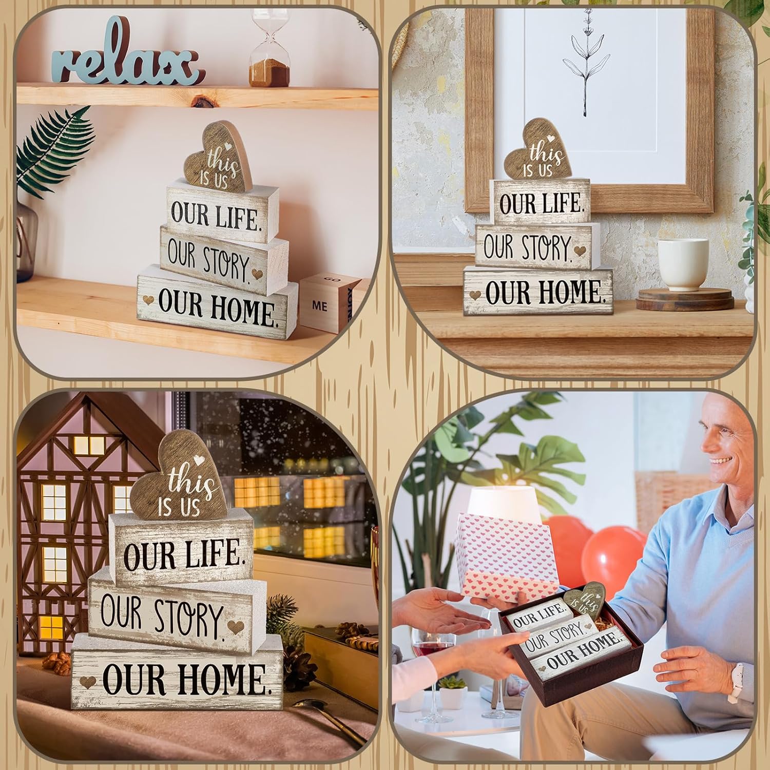 Conelist 4 Pcs Farmhouse Wooden Heart Tabletop Decor Farmhouse Tiered Tray Decor This is Us Centerpiece Decorative Rustic Our Home Block Sign Gift for Home Table Kitchen Shelf Decoration
