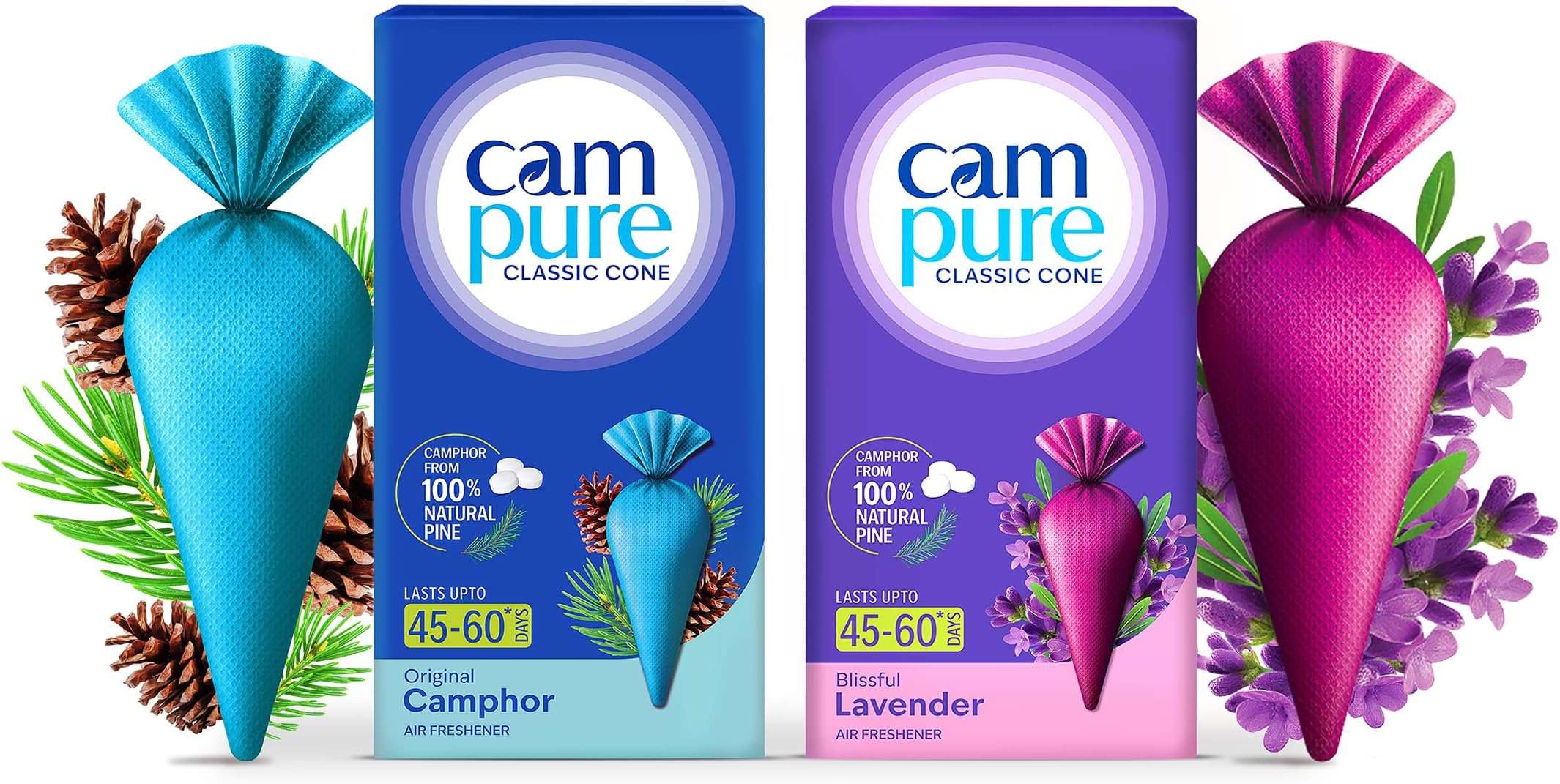 CamPure Camphor Cone (1 Original + 1 Lavender) Pack Of 2-100% Organic | Air Freshener For Car, Wardrobe, Office Cabin's, Drawers, Travel Bag & Bathroom