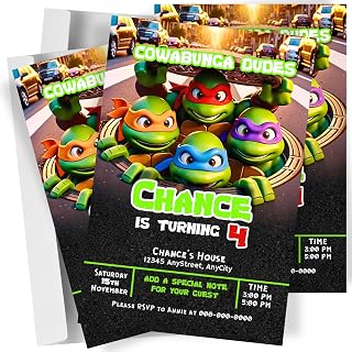 Sewer Squad Ninja Turtle Birthday Invitations – 12 Custom Printed Cards (4.5” x 6.5”) + Envelopes – Green Masked Hero Party Invite for Boys – Personalized “Cowabunga Dudes” (TMNT2)