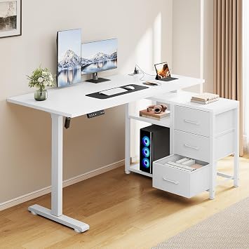 47 Inch L Shaped Desk with 3 Drawers Electric Standing Desks White | with Storage Computer Table Adjustable Height with Power Outlets 4 Memory Presets for Home Office, White