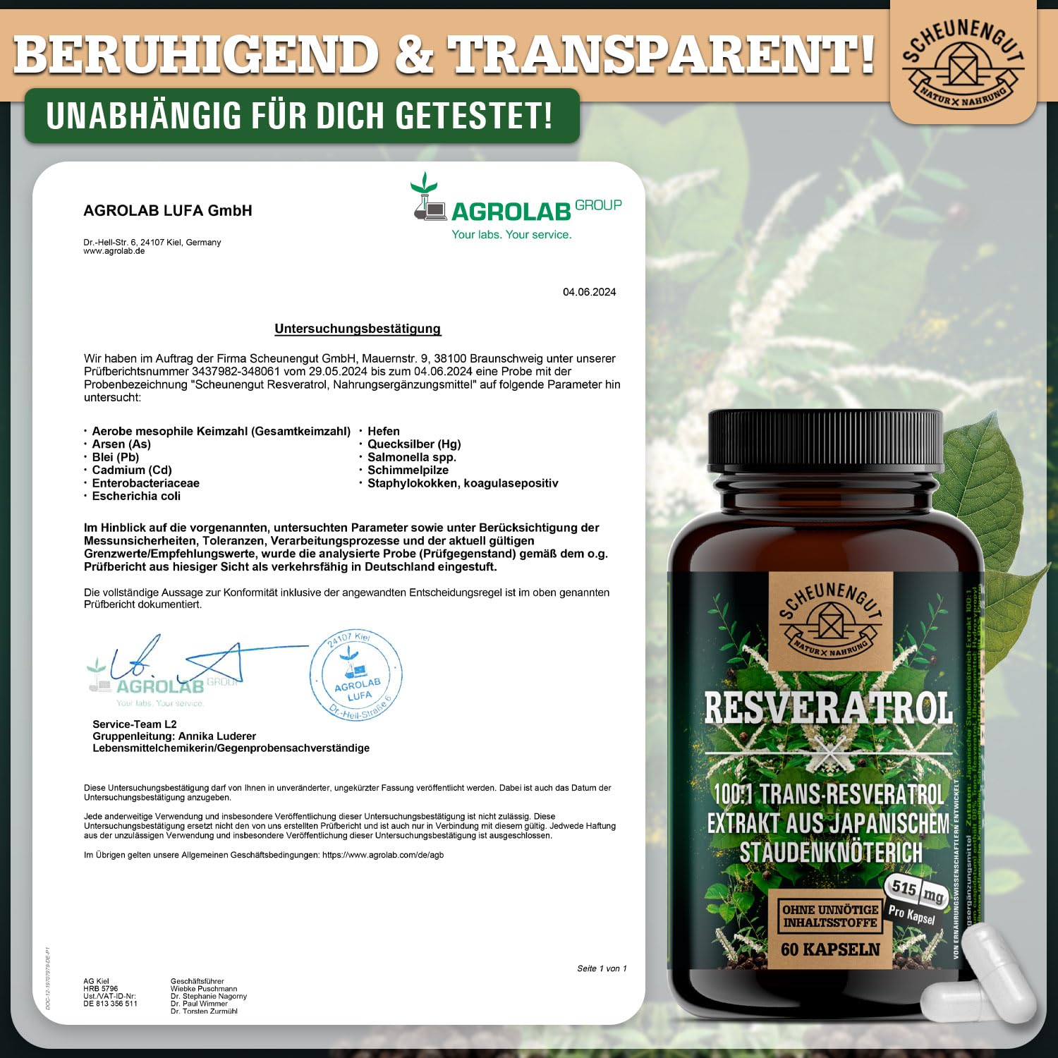 Resveratrol 1000mg -WICHTIG: 100:1 Extrakt (=100000mg jap. Staudenknöterich Wurzel je Tagesdosis) +Piperin -98% Trans-Resveratrol Hochdosiert- Laborgeprüft +Vegan DE SCHEUNENGUT®