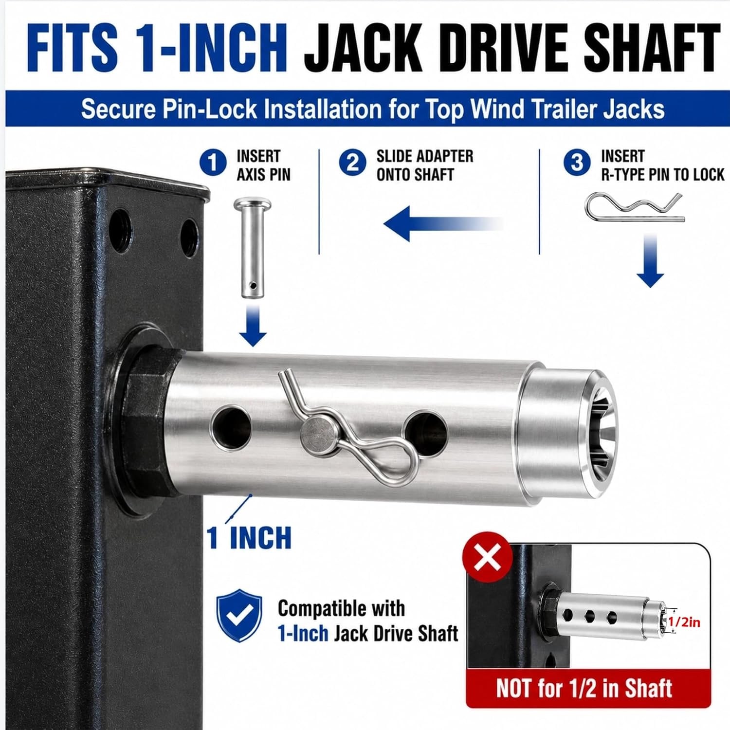 Trailer Jack Drill Adapter Kit for 1 Inch Jack Drive Shaft, Stainless Steel Cordless Drill Adapter with Long & Short 1/2 Inch Socket Adapters for RV Camper Dump Trailer