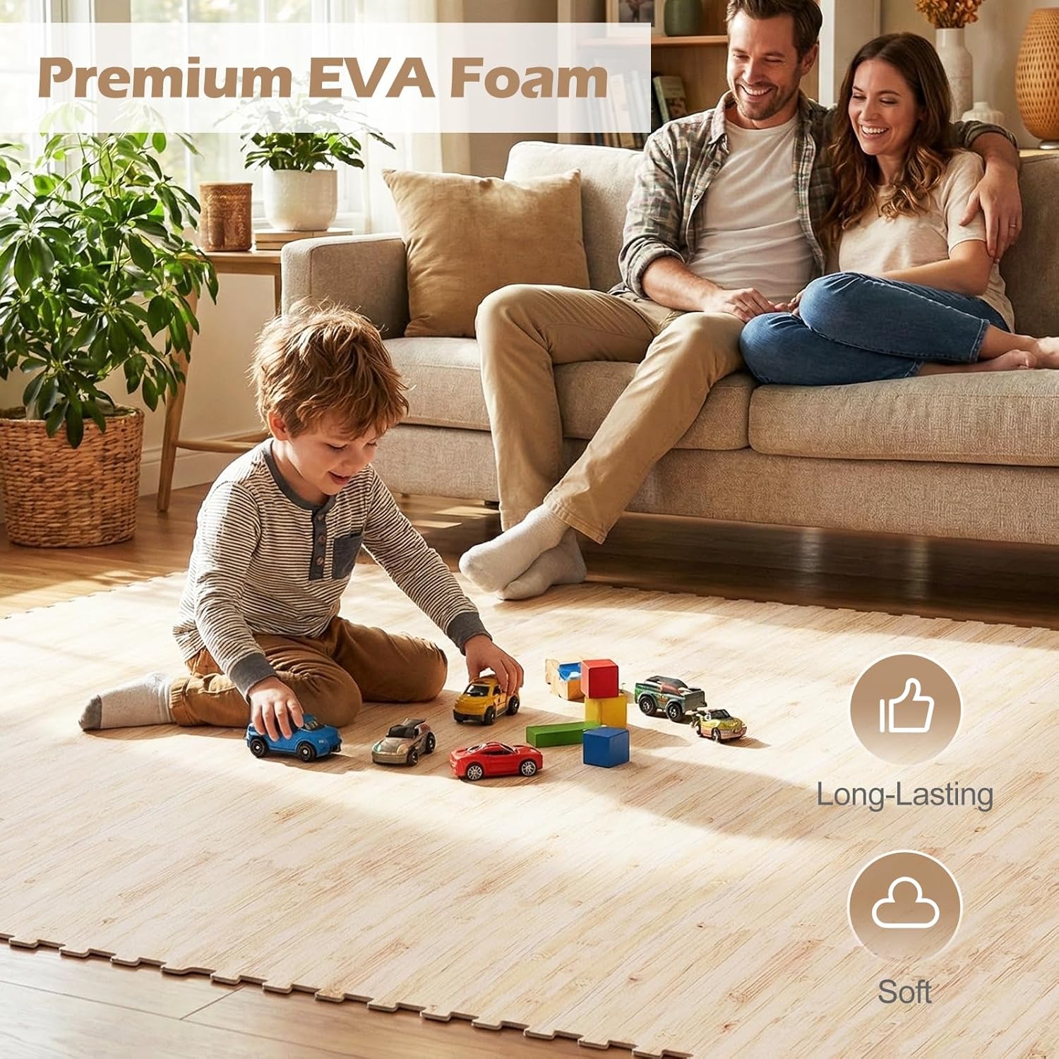 GOFLAME Wood Grain Interlocking Floor Tiles, 16 PCS EVA Foam Puzzle Mats with Stylish Natural Wood Texture, Soft Protective Flooring for Home Office, Living Room and Bedroom
