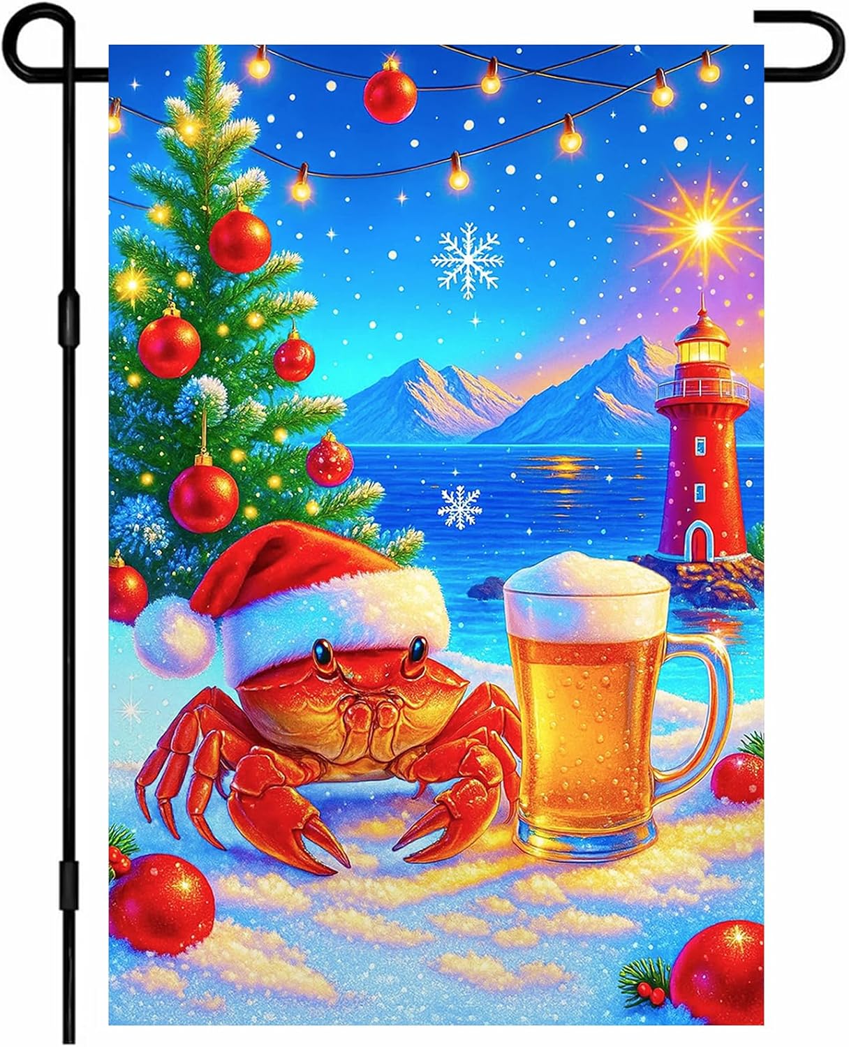 IVN Christmas Garden Flag 12x18 Inch Double Sided Beach Crab with Beer and Santa Hat Outdoor Yard Flag for Outside Home Front Door Lawn Porch Patio Welcome Decor