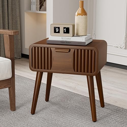 COSIEST Mesita de noche de mediados de siglo, moderna mesa auxiliar con patrón de rayas, muebles de acento vintage con cajón de almacenamiento, mesa