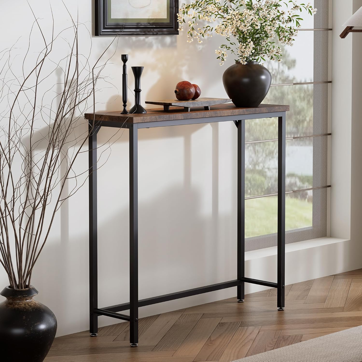 Narrow Entryway Console Table Sofa Side Table - Industrial Brown Hallway Table for Small Spaces Behind Couch Table