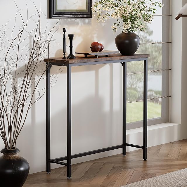 Narrow Entryway Console Table Sofa Side Table - Industrial Brown Hallway Table for Small Spaces Behind Couch Table
