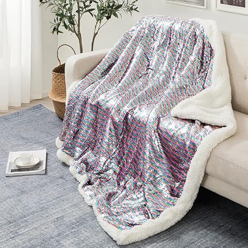 Homiest Flip Sequin Throw Blanket, Soft & Cozy Flannel Fleece Blanket, Heavy Duty Plush Reversible Throws for Sofa, Bed, Chair, Suitable for Fall Spring Winter (50 x 60 Inch, Pink Colorful)