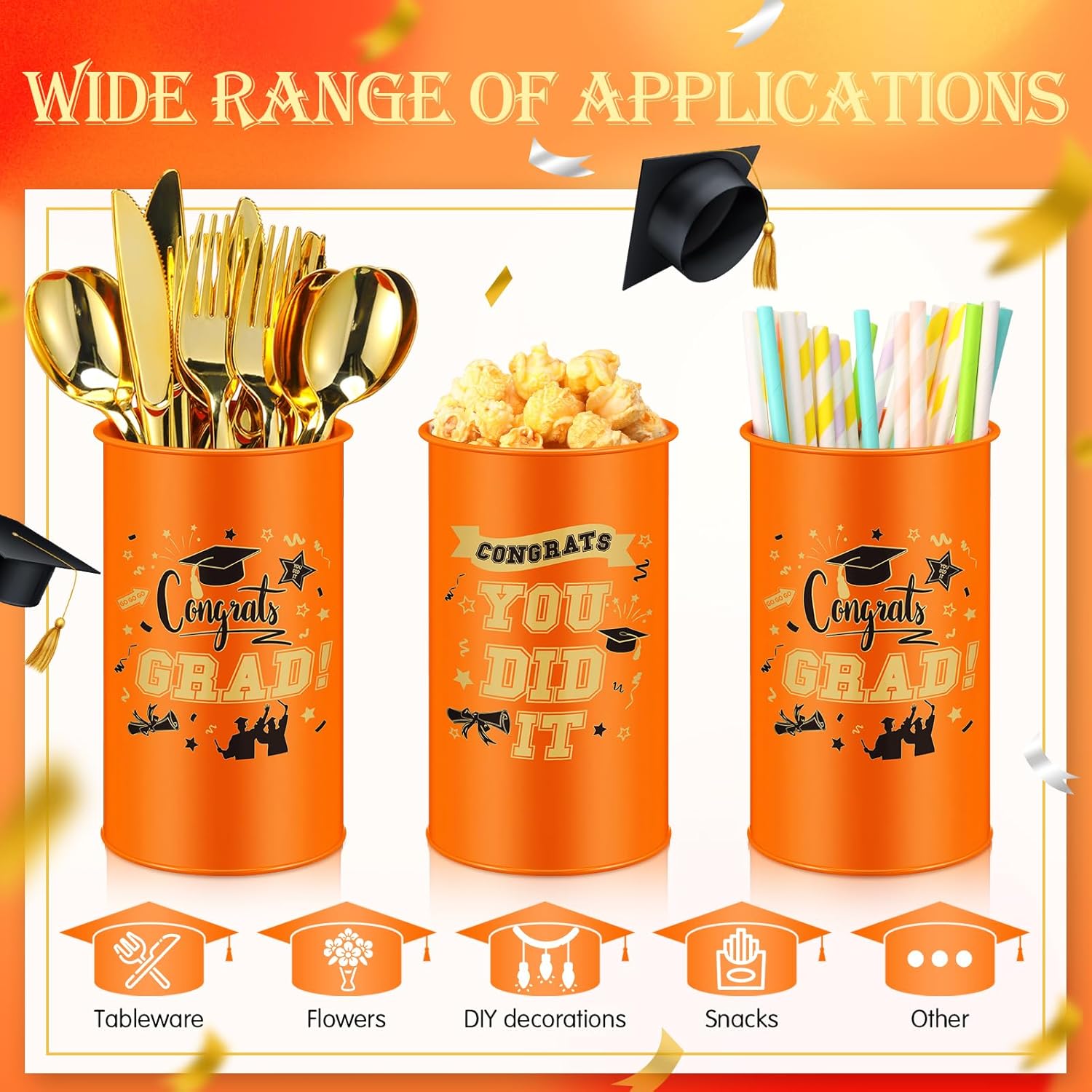 Domensi 6 Pcs 2026 Graduation Table Centerpiece Vase Decorations Class of 2026 Galvanized Metal Tin Vases for Artificial Flowers Grad Caps Cutlery Utensil Holder for Party Supplies Gifts(Orange)