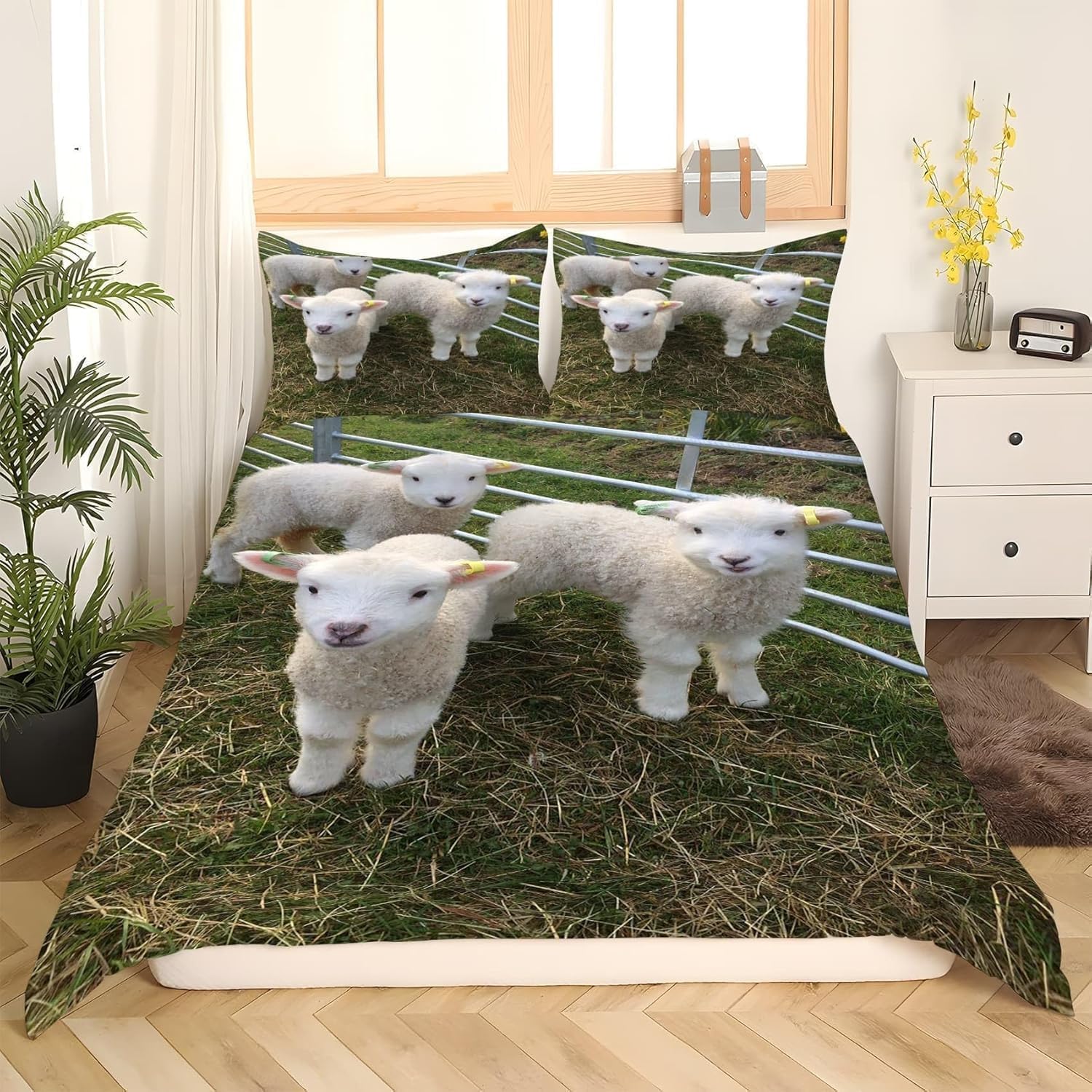 3-częściowy komplet pościeli jagnięcej, 220 x 240 cm, poszewka na kołdrę 220 x 240 cm, owca, druk 3D, zestaw pościeli z miękkiej mikrofibry z zamkiem błyskawicznym i 2 poszewkami na poduszkę 80 x 80