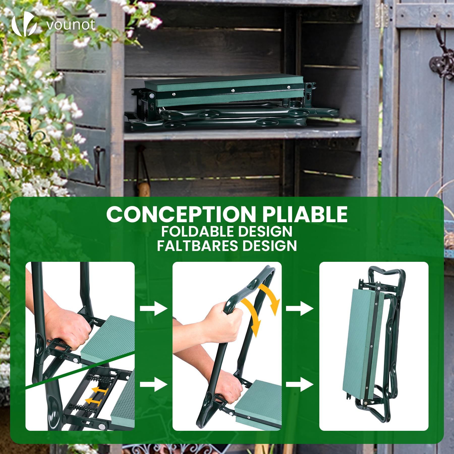 vounot® Banc de Jardinage Pliable 2 en 1 Tabouret Agenouilloir de Jardin avec Pochette de Rangement pour Outils Siège avec Coussin Doux en EVA pour Le Jardinage Extérieur Vert