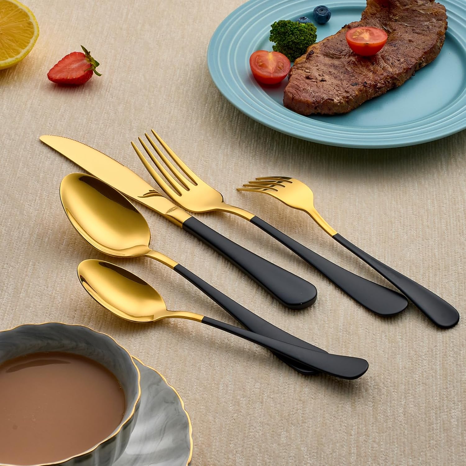 20-Piece Black and Gold Silverware Set 18/0 Stainless Steel Silverware Set Black Handle Cutlery Set Service for 4 Dinner Knives Forks Spoons Set Flatware Set Finish Dishwasher Safe - Image 9
