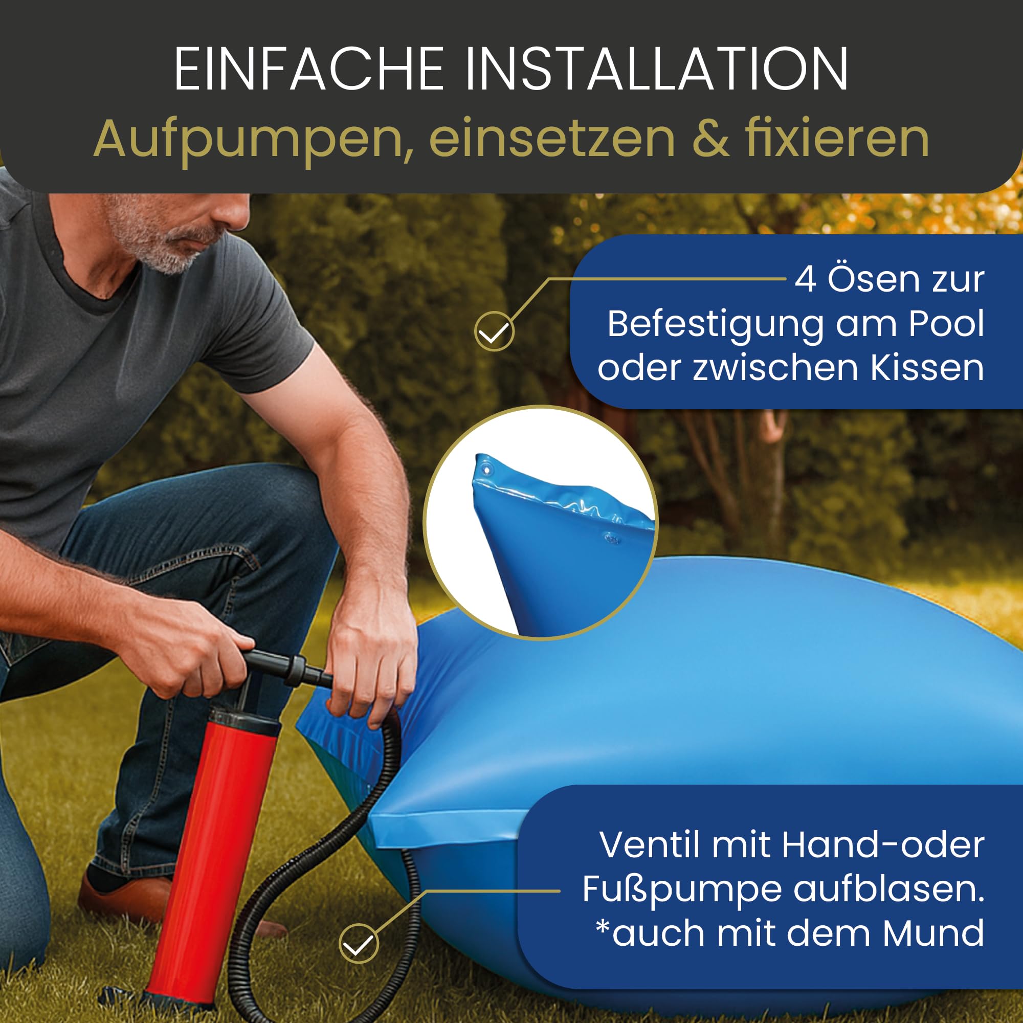 HAF Poolkissen Winter 120 x 120 cm (1 Stück) – Aufblasbare & Chlorbeständige Luftkissen für Pools zur Überwinterung – Rechteckige Winterkissen (Poolpolster) in Blau – Wasserdicht & UV-Beständig