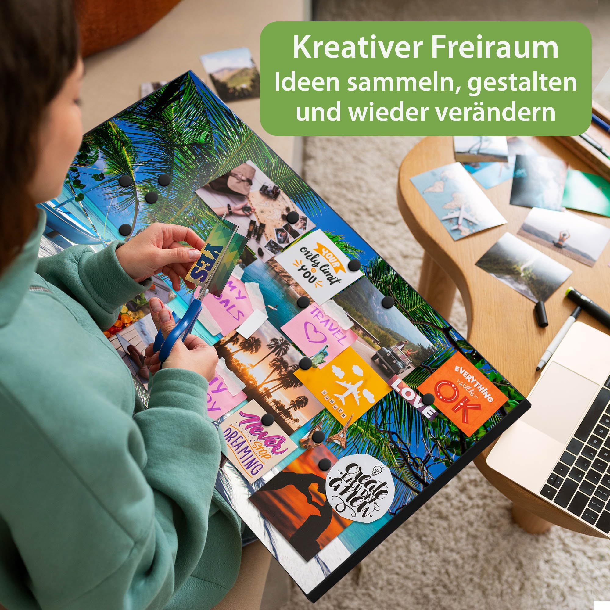 banjado Magnettafel Metall 78 x 37cm - beschreibbare Magnettafel - Metall Pinnwand als Memoboard - Magnetwand Küche, Büro, Kinderzimmer Schwarz inkl. 4 Magnete & Montageset - Motiv Strand