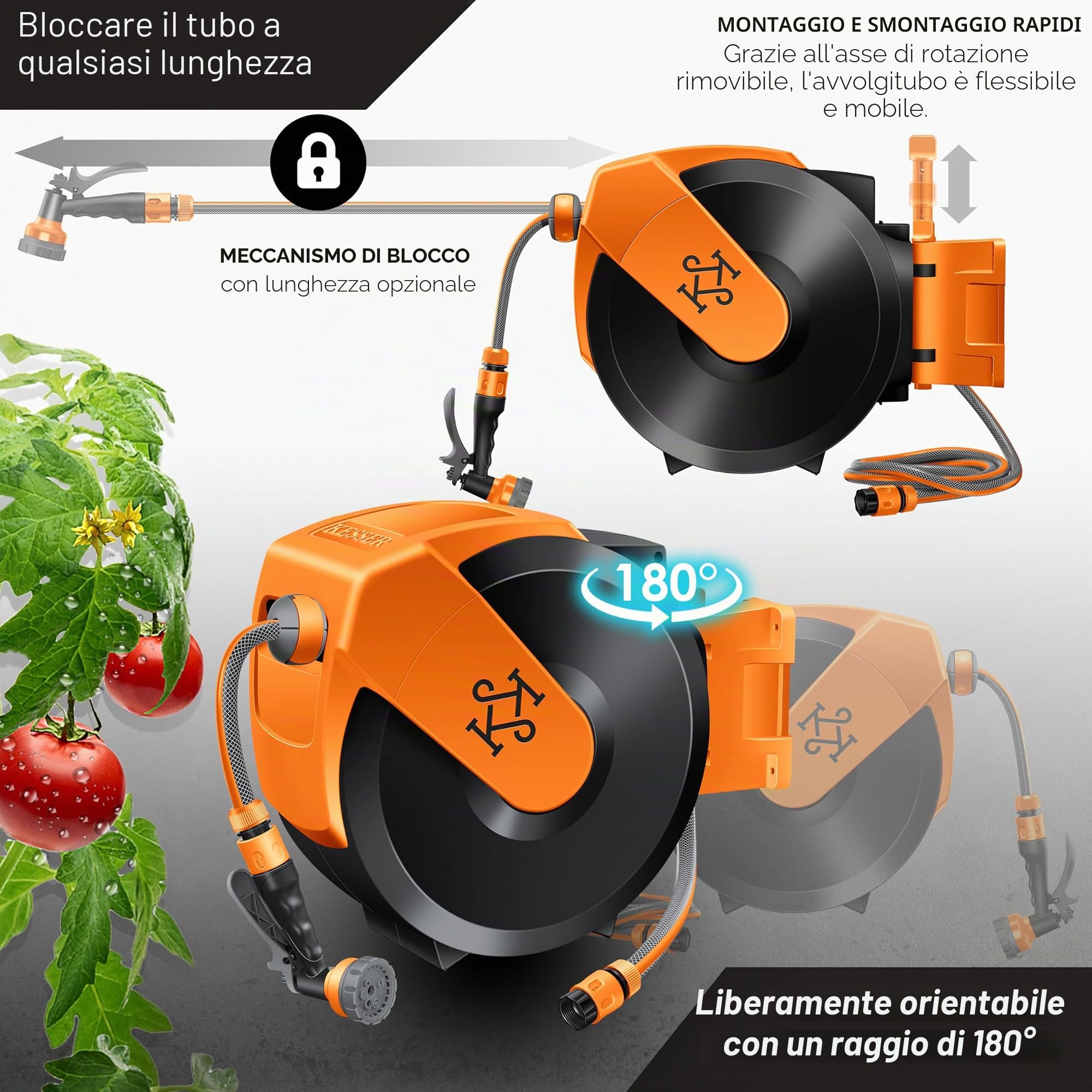 KESSER® Avvolgitubo con Tubo da Giardino 15 m, a Parete, Avvolgitubo girevole a 180° e a rientro automatico, Portagomma a Parete con Doccia a mano a 7 funzioni, Nero/Arancione