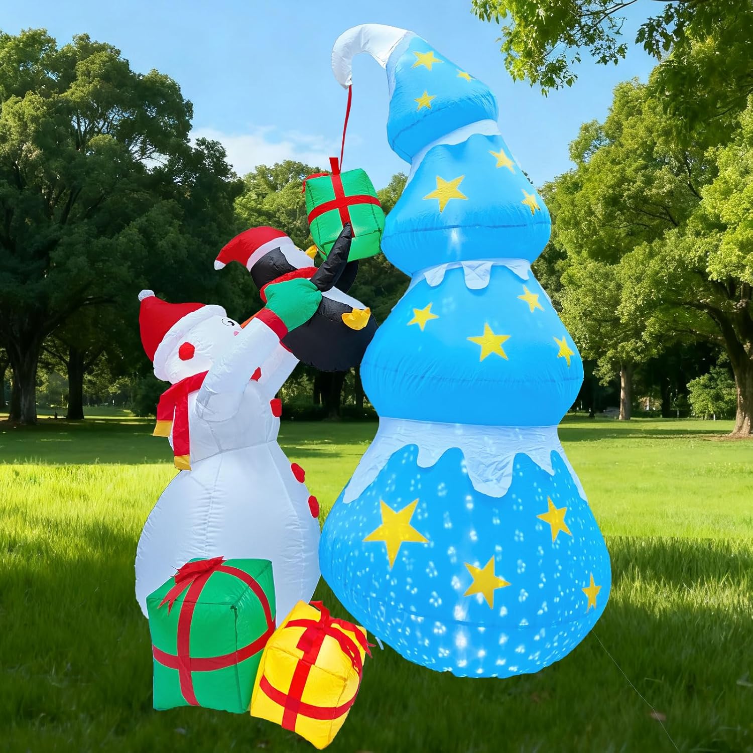 8FT Christmas Inflatables Giant Christmas Tree Yard Decoration, Xmas Blow Up Snowman Penguin Gift Box Outdoor Decorations with Falling Snow LED Lights for Holiday Lawn Decor, Xmas Gifts