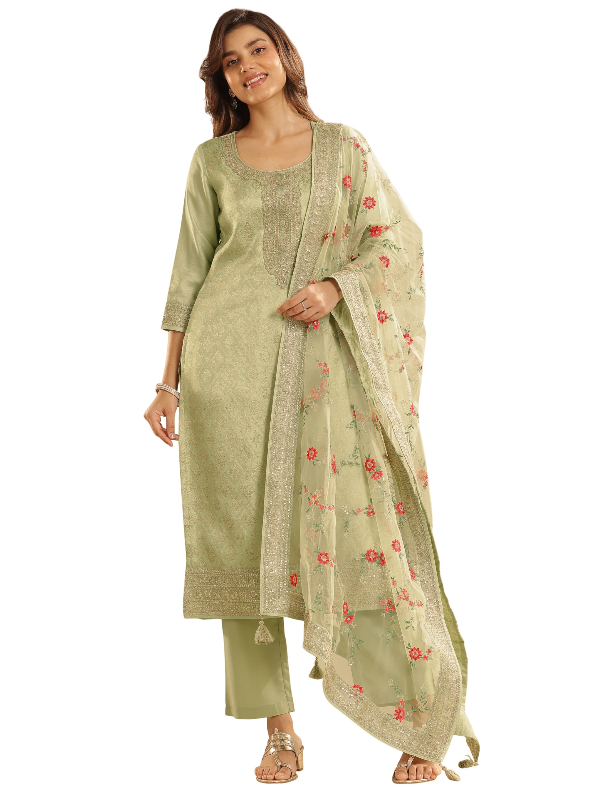 Libas Womens Woven Design Silk Blend Straight Kurta With Trousers and Dupatta