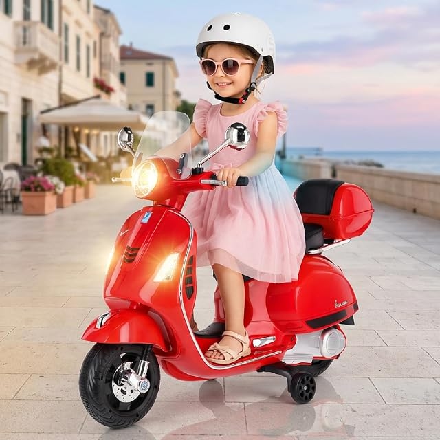 Foto 8 de 8 de Moto Eléctrica Vespa para Niños con Ruedas y Asiento de plástico, Maletero, Reproductor MP3