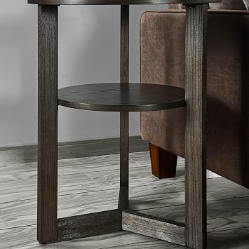 Small Round End Table, Rustic Side Table with Storage shelf, Classic Circular Solid Wood Beside Table, 2-tier Telephone Table, Easy Assembly for Living Room 24H x 19.3D Brushed Black BZ3338BK