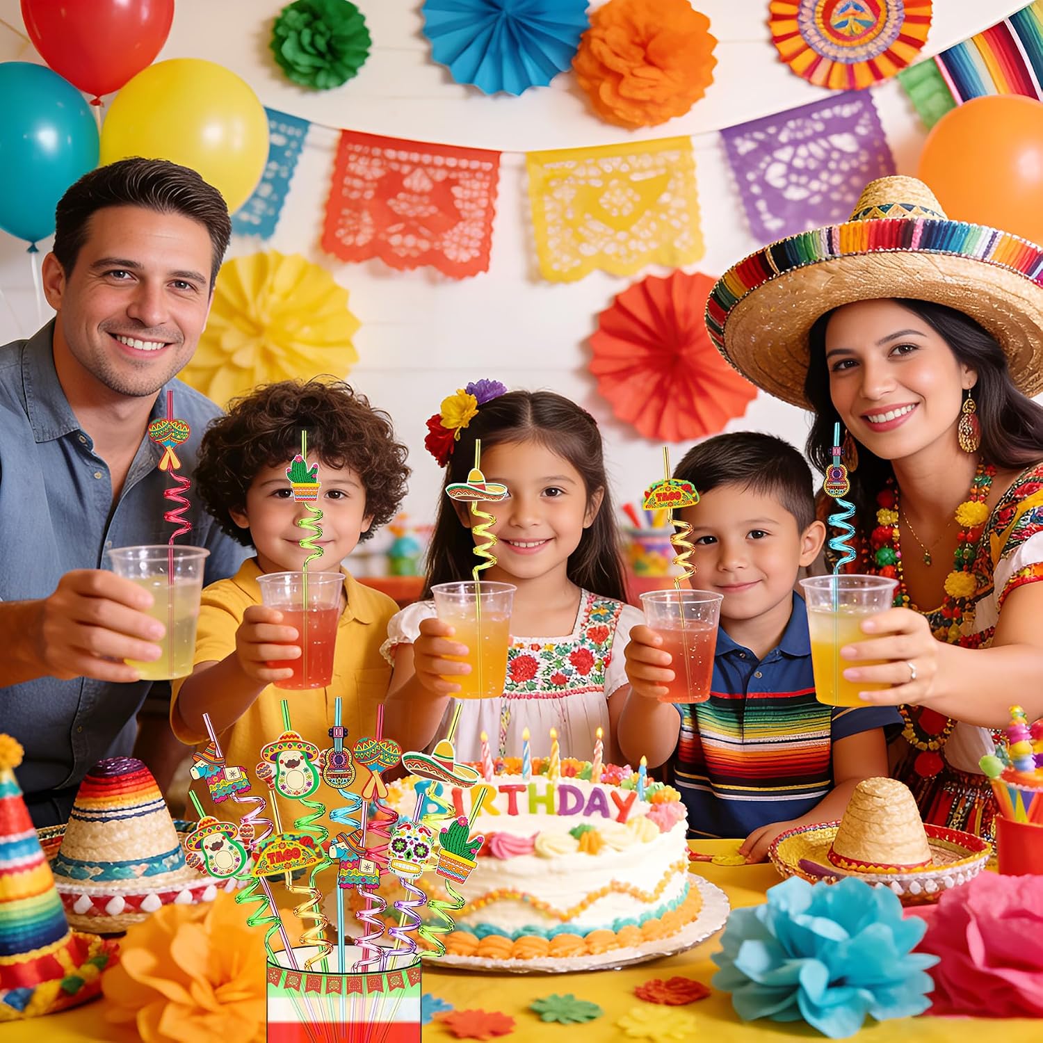 24 Reusable Silly Crazy Straws for Mexican Cinco De Mayo Fiesta Party Decor