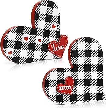 2 Pcs Valentines Day Wood Love Sign Heart Shaped, Valentine Tray Decor, Buffalo Plaid Love Xoxo Wooden Centerpiece for Table, Valentine Decorations for Home, Wedding Engagement Party Gift Decoration