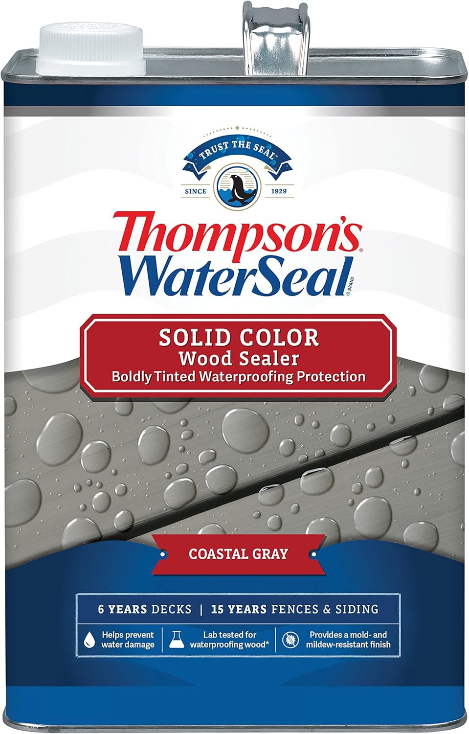 Thompson’s WaterSeal Solid Color Waterproofing Wood Stain and Sealer, Coastal Grey, 1 Gallon