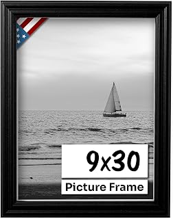 Black 9x30 Picture Frame .75" Inch Wide - Black Wall Decor Handmade Solid Wood Frames with Preinstalled Hangers and UV Blocking Plexiglass 30x9 Frame