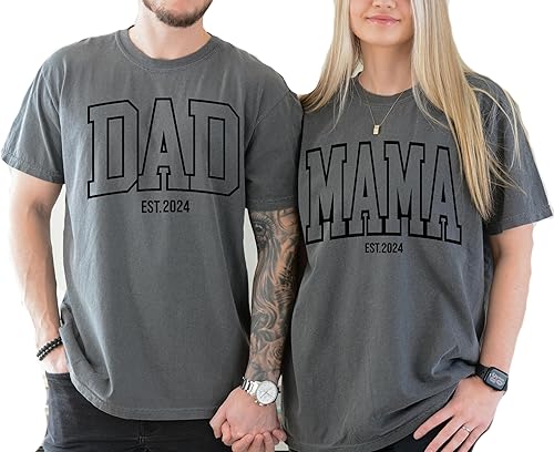Mama and Dad Shirts, Retro Pregnancy Announcement T-Shirts, Comfort Colors T-Shirts, Trendy Mom Est.2023 T-Shirts, Gift for New Mom and Daddy,