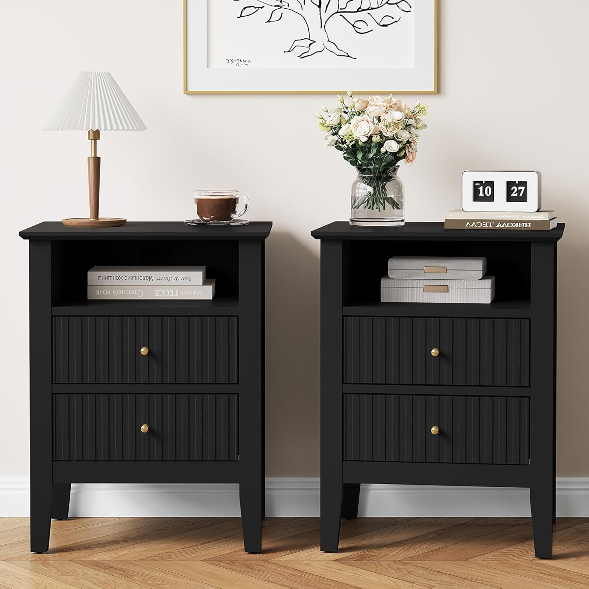 SUNVIVI Black Fluted Nightstand with 2 Drawers Set of 2, Modern Wooden Sofa Table with Storage for Small Spaces, Tall End Table for Bedroom,Living Room, Couch Coffee Table