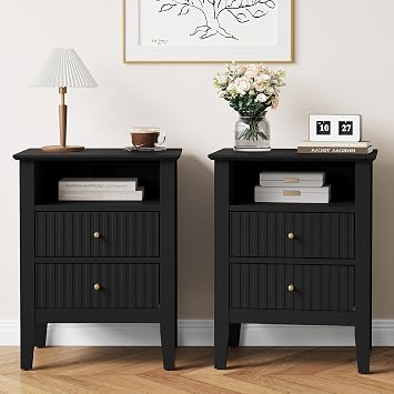May in Color Fluted Morden Nightstand Set of 2 for Bedroom | 2-Drawers Wooden Sofa Table with Storage for Small Spaces, Tall End Table for Bedroom,Living Room, Black