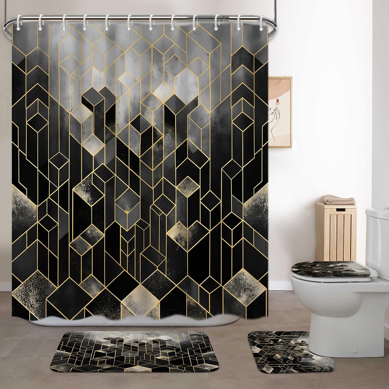 Lnond 4Pcs Bathroom Sets with Shower Curtain and Rugs, Black Gradient Modern with 12 Hooks, Bath Mat, Contour Mat, Toilet Lid Cover