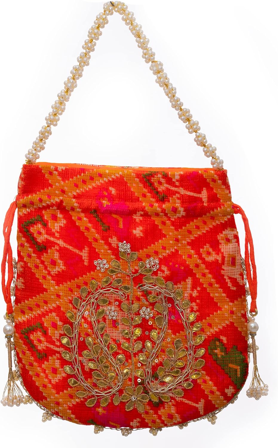 Potli Clutch Batawa Bag Purse Embroidered Embellished Handmade Traditional Ethnic Golden Work Wedding Wristlet Ladies Handbag for Girls Women for Party Wedding Special Occasion and Gifting (Orange)