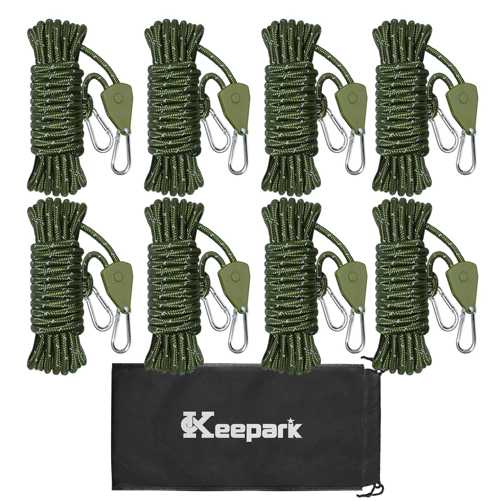 Camping-Seil, Abspannleine, Spannseile mit Ratschensystem, fluoreszierendes Grün, ZZ-TMS, Armeegrün, 4 mm x 4 m, 8 Stück