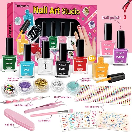 Miniatura 4 de Tudaymol Juego de esmaltes de uñas para niños, esmalte pelable a base de agua, 8 colores con purpurina, gemas, calcomanías, bolígrafos,