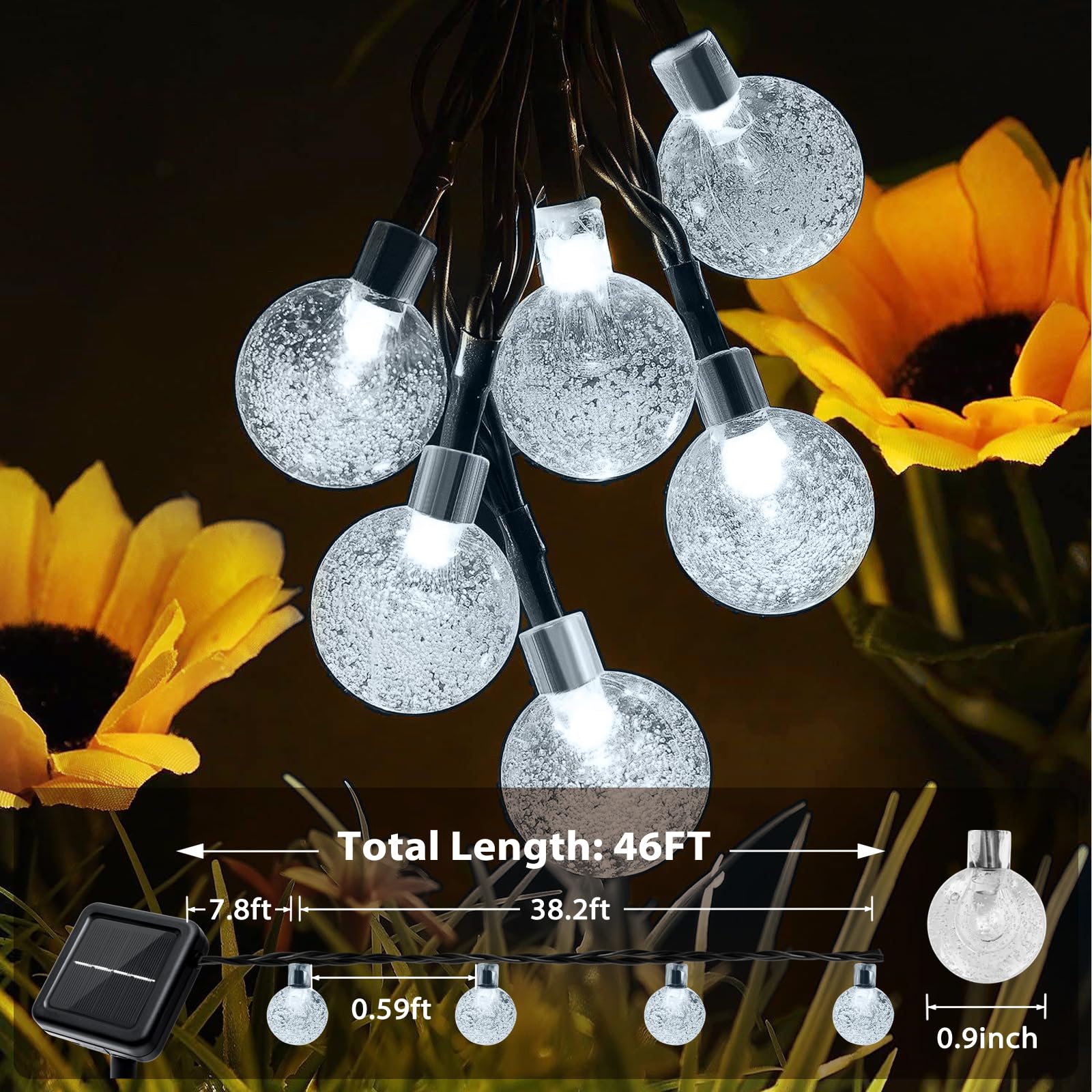Guirnalda de luces solares para exteriores, 66 luces LED de 46 pies con 8 modos, cadena de luces impermeables para jardín, árbol, valla, patio, porche, fiesta, decoración de Navidad (blanco