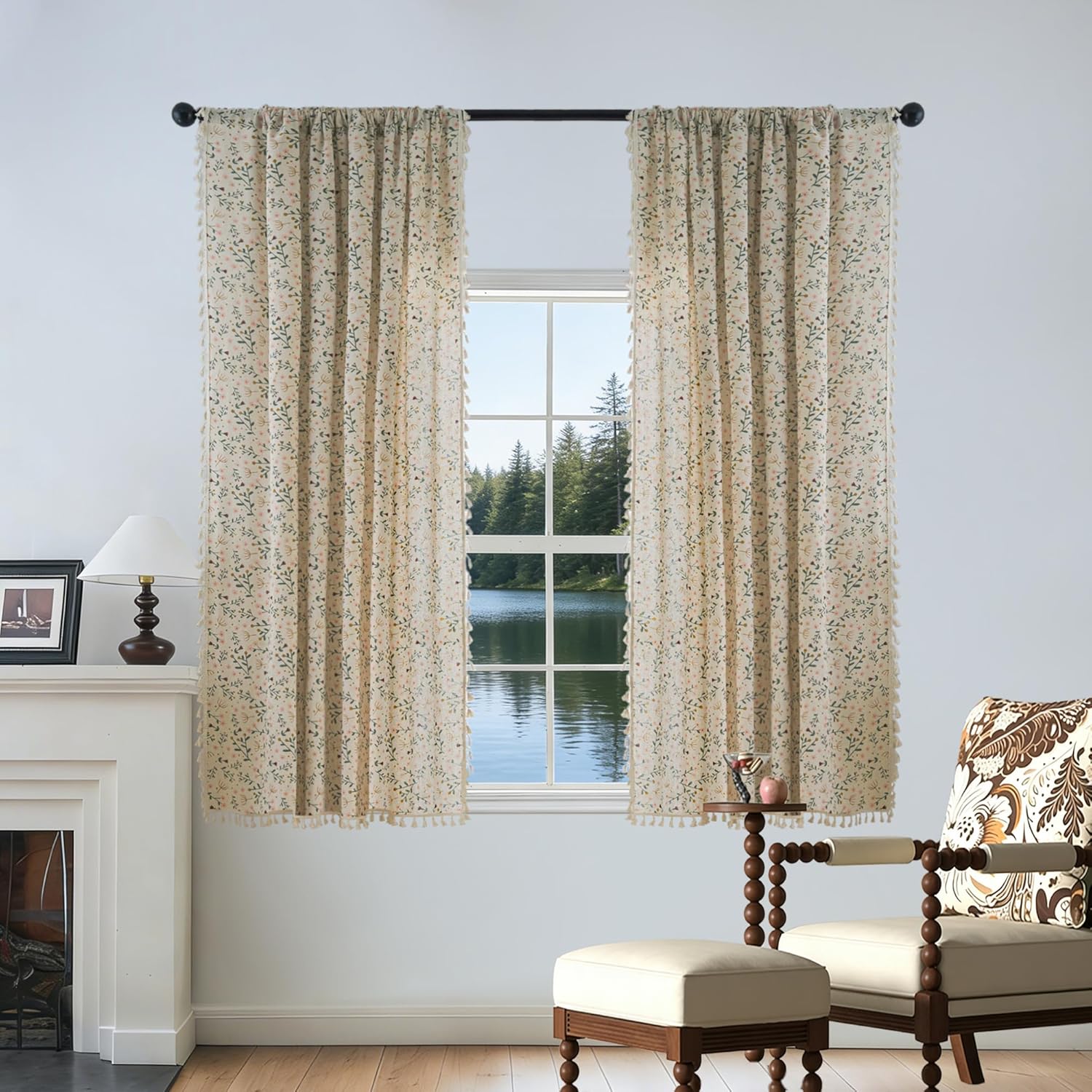 Floral Curtains 63 Inch Length for Bedroom Boho Linen Farmhouse Curtain for Living Room Vintage Blossom Patterned Rod Pocket Semi Sheer Window Treatments Drapes 2 Panels, Wildflower on Beige