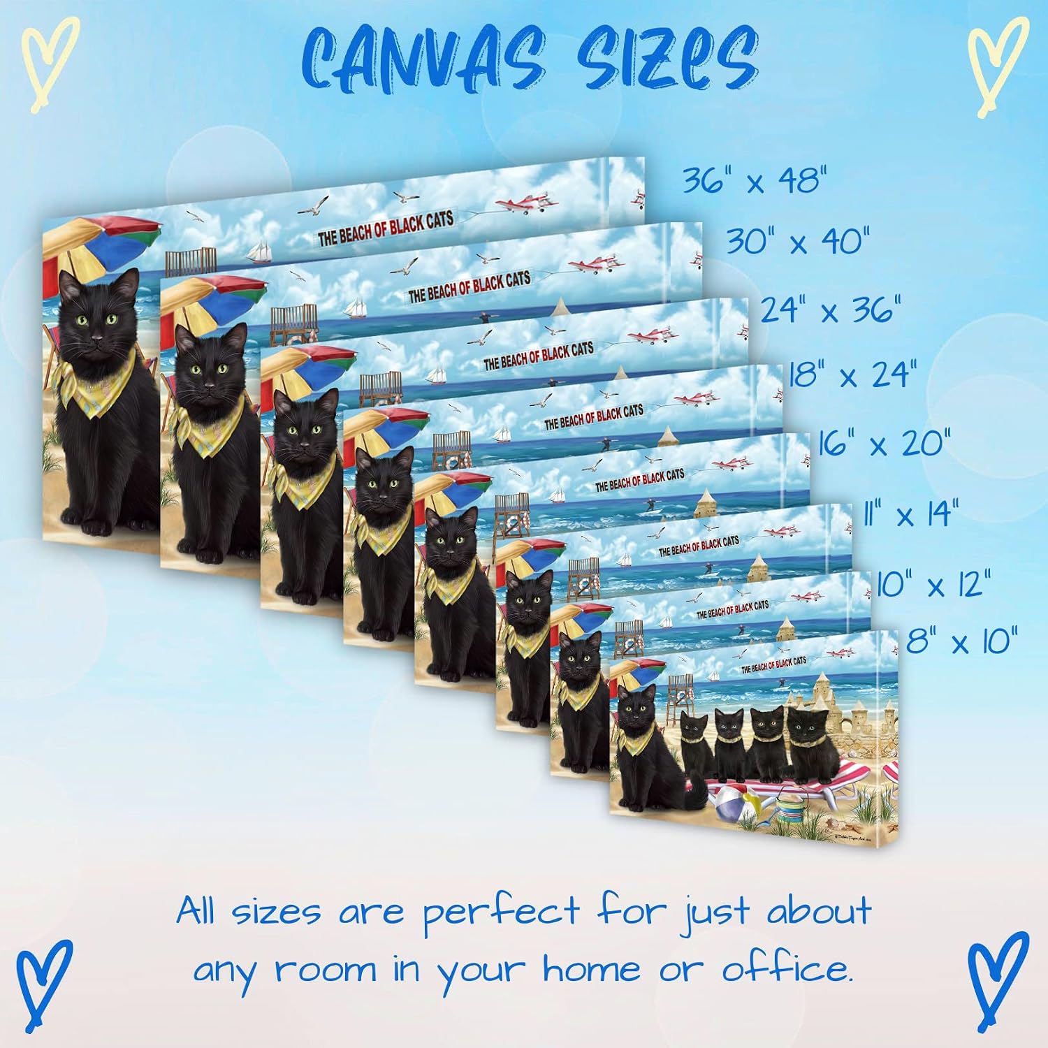 Pet Beach Family with Black Cats Canvas Wall Art - Premium Quality Ready to Hang Room Decor - Black Floating Framed 16" x 24"
