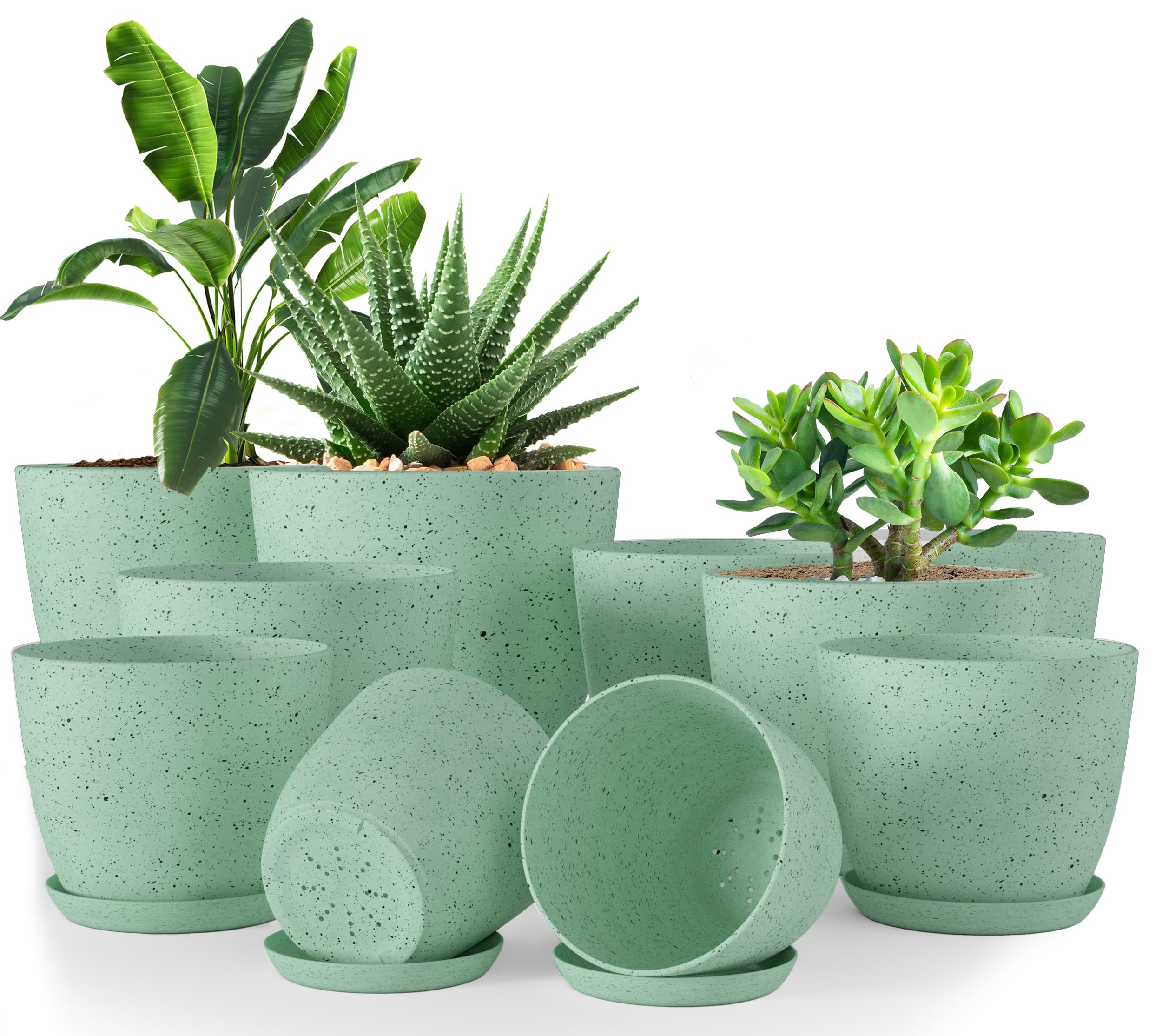 Utopia Home - Spotty Plant Pots Indoor with Drainage - 7/6.6/6/5.3/4.8 Inches Flower Pots - 10 Pack Plastic Planters - Ideal for Stocking Stuffers - (Speckled Mint, Pack of 10)