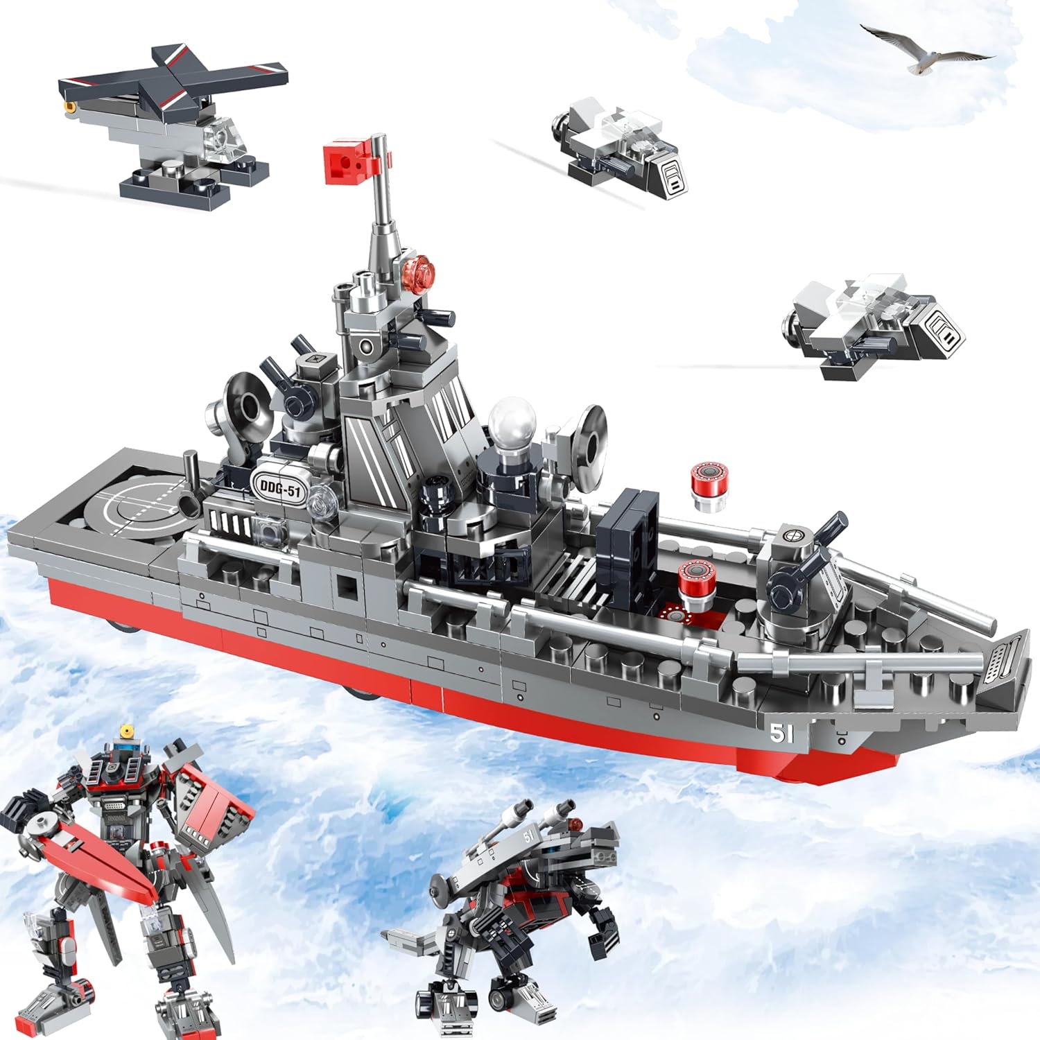 3-in-1 Military Warship Building Toys Kit (418 pcs) - Lego-Compatible Navy Destroyer Model with Radar, Missile Launcher, Aircraft | Converts to Robot or Battle Dinosaur | Creative Gift for Kids